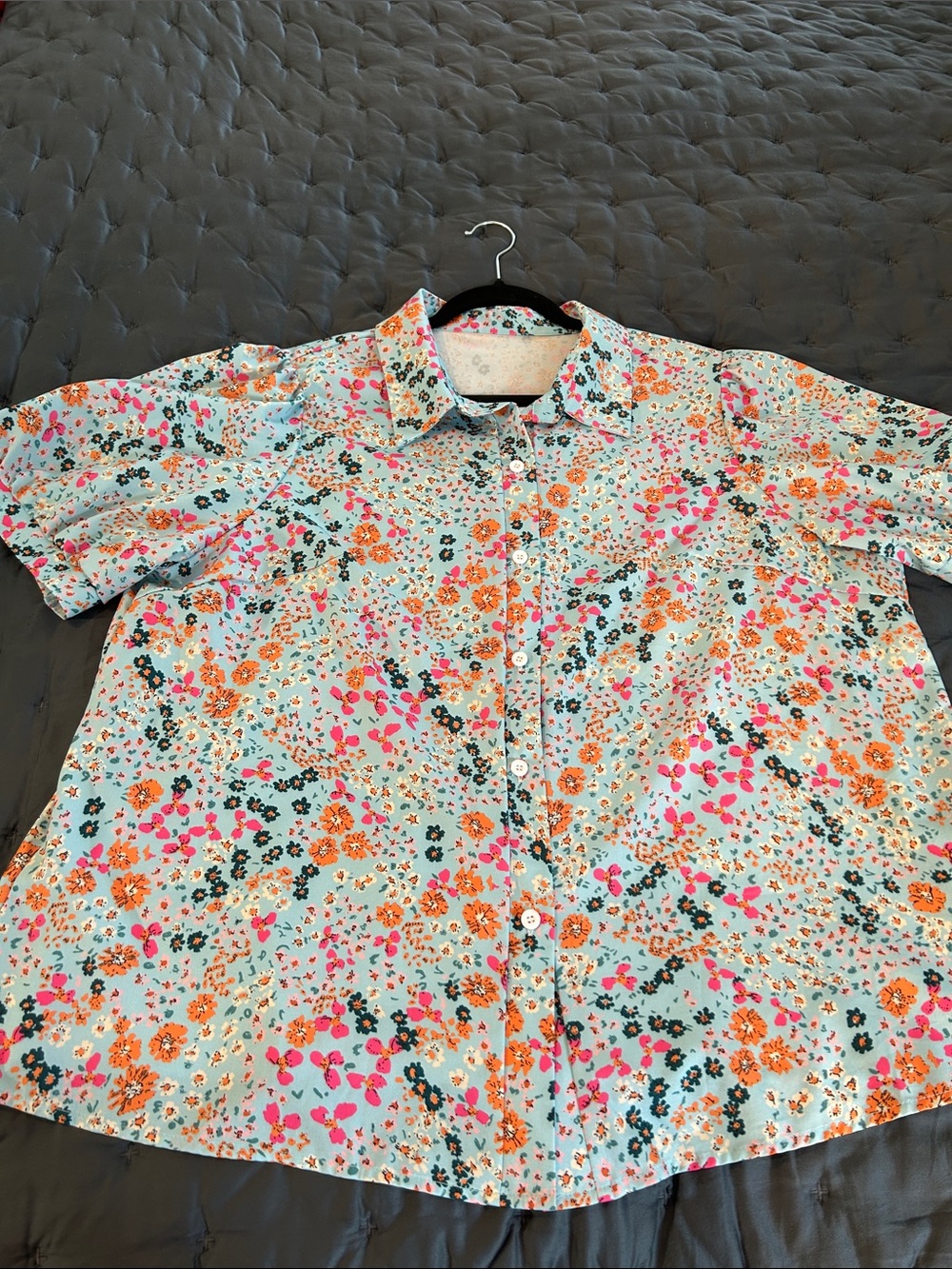Floral Button-Down Shirt in Aqua and Orange